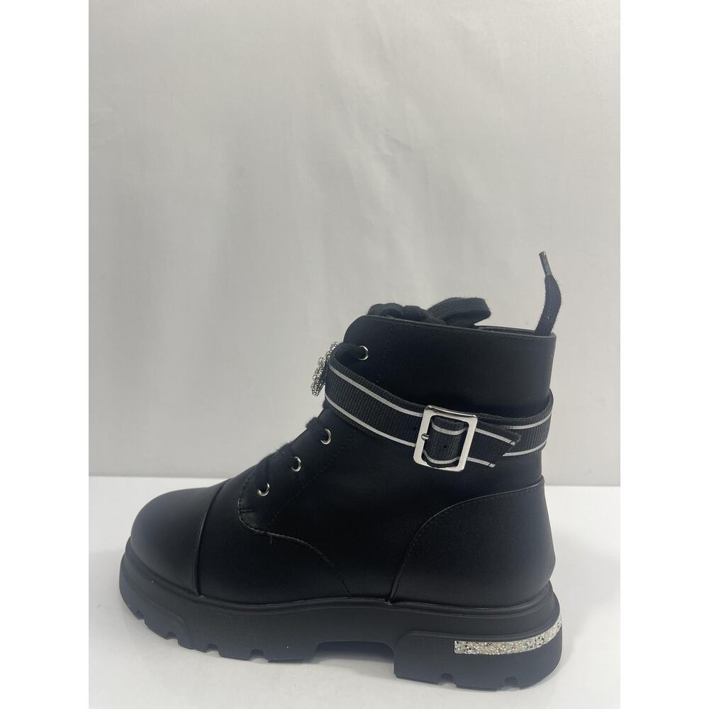 Jessica Simpson Boots Girls Size 5 Black Rosa Brooch Combat Rhinestone New